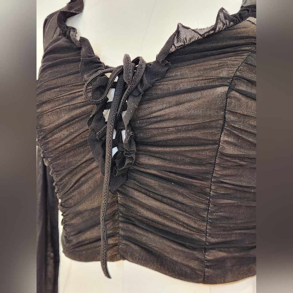 || LUXXEL || Black mesh crop top, lined, v neck, long sleeved, sz small - Picture 6 of 7